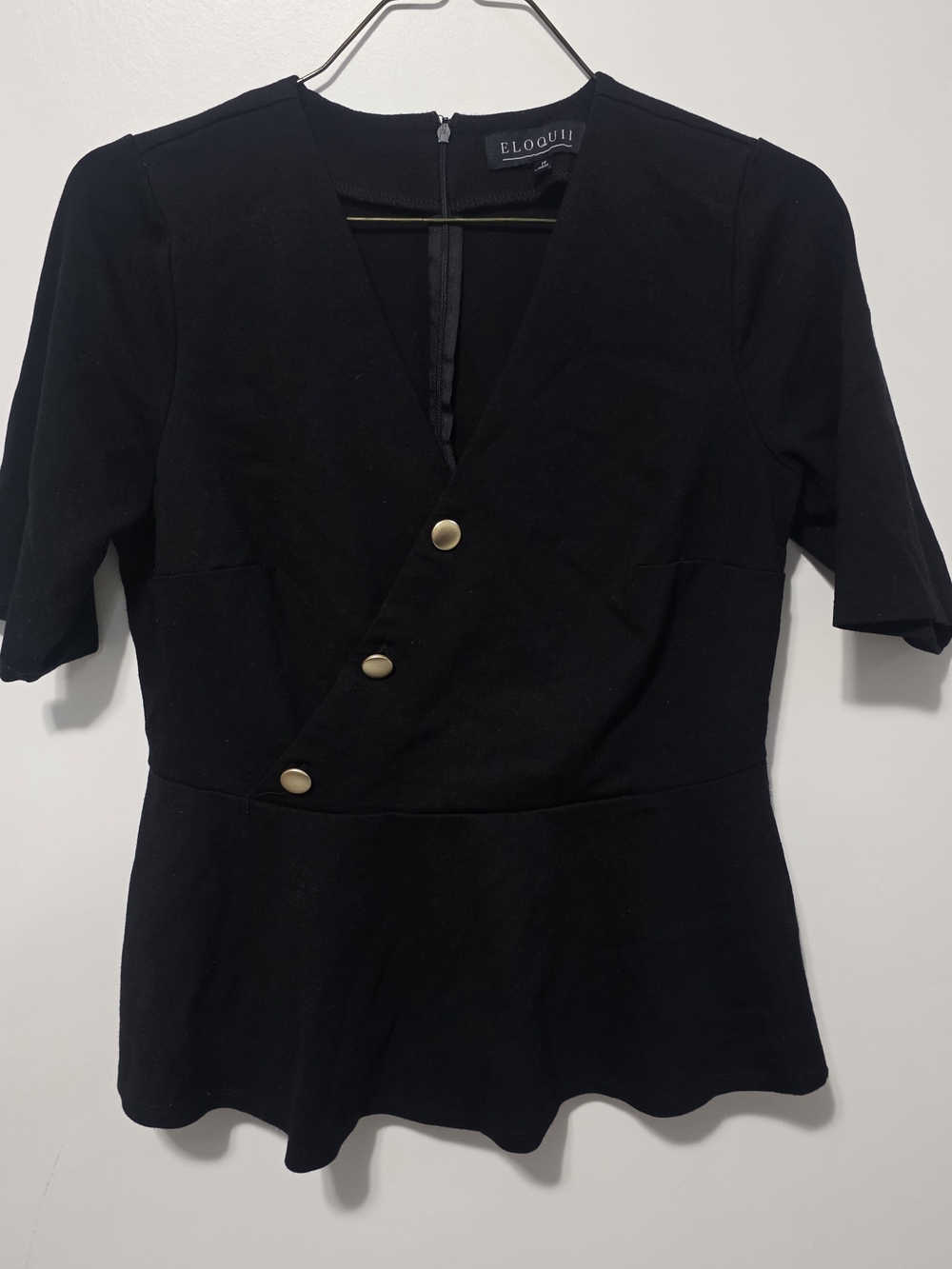 Eloquii Black Wrap Peplum Top with Gold Buttons